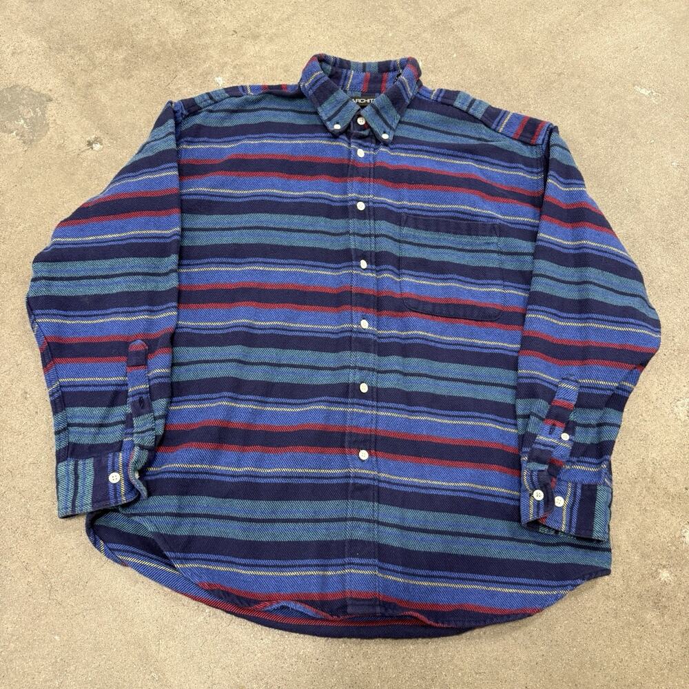 VINTAGE 90s ARCHITECT STRIPED MULTICOLOR COTTON BUTTON UP FLANNEL SHIRT LARGE